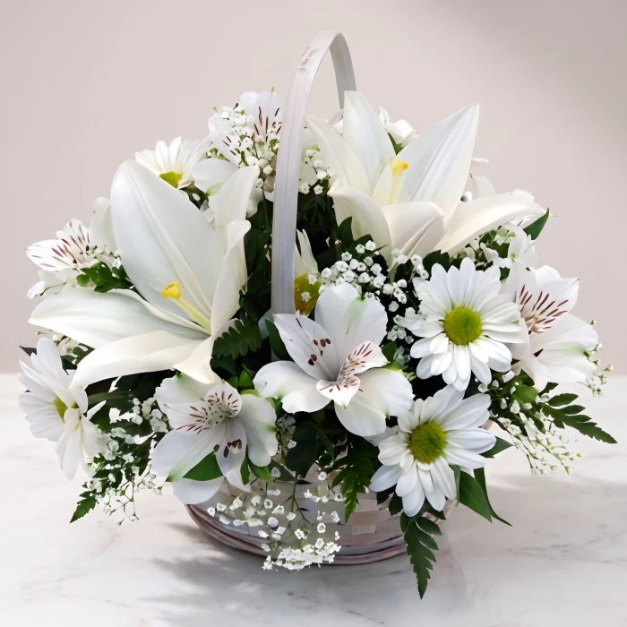 Basket of White Lilies and Chrysanthemums