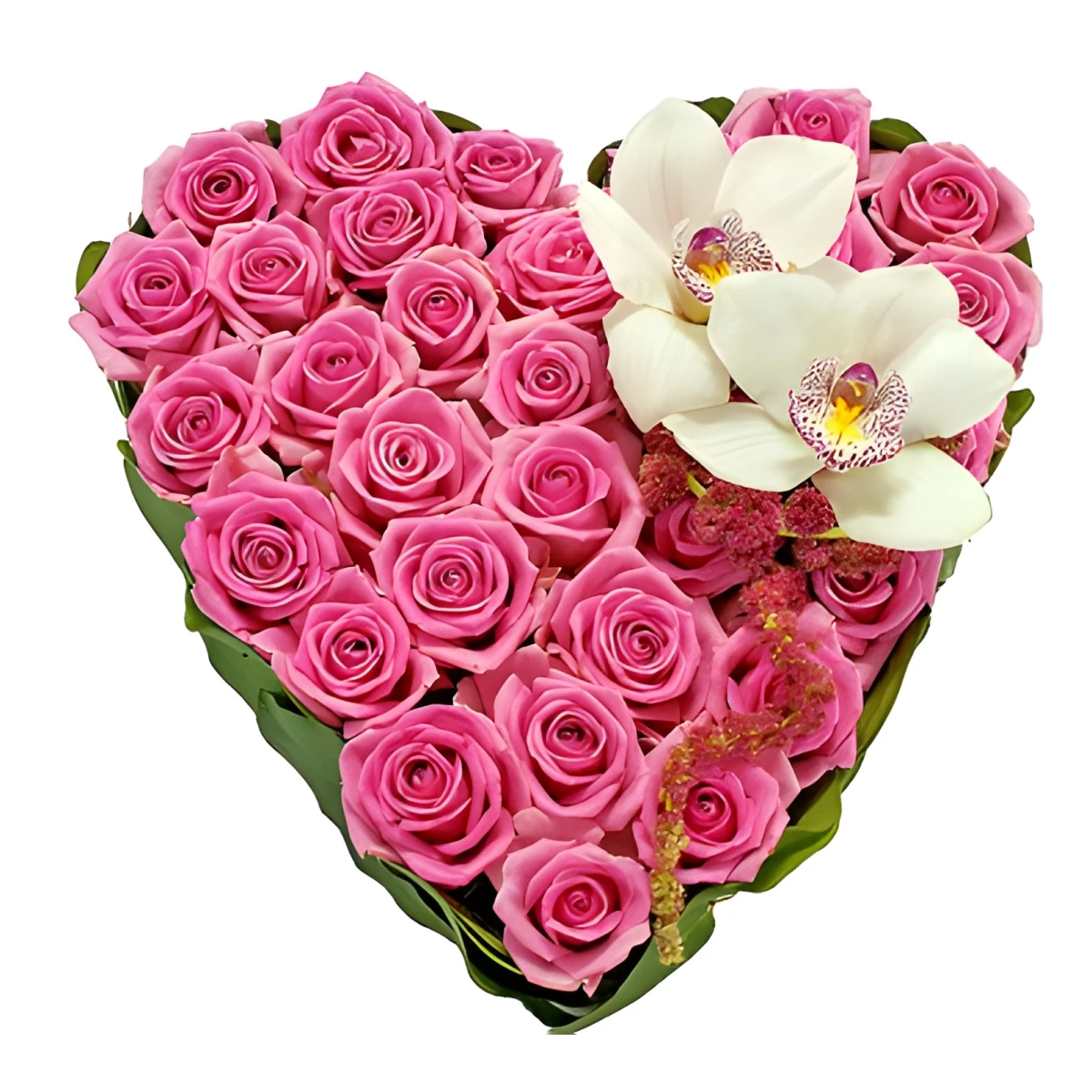 Send heart of pink roses and orchids by courier.