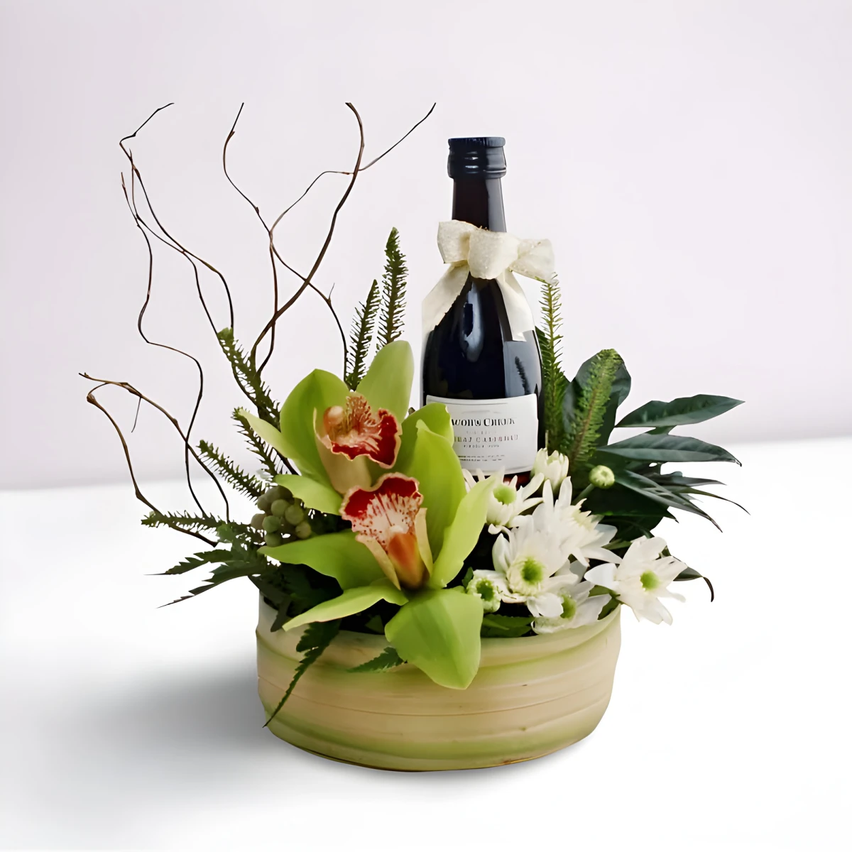Send arrangement with orchids and wine by courier.