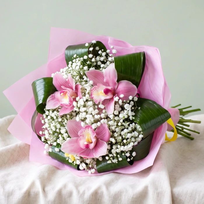 Pink Cymbidium Orchid and Gypsophila Bouquet Delivery