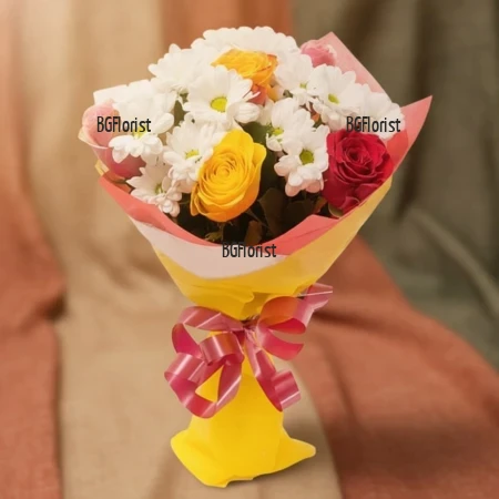 Bouquet of roses and white chrysanthemums