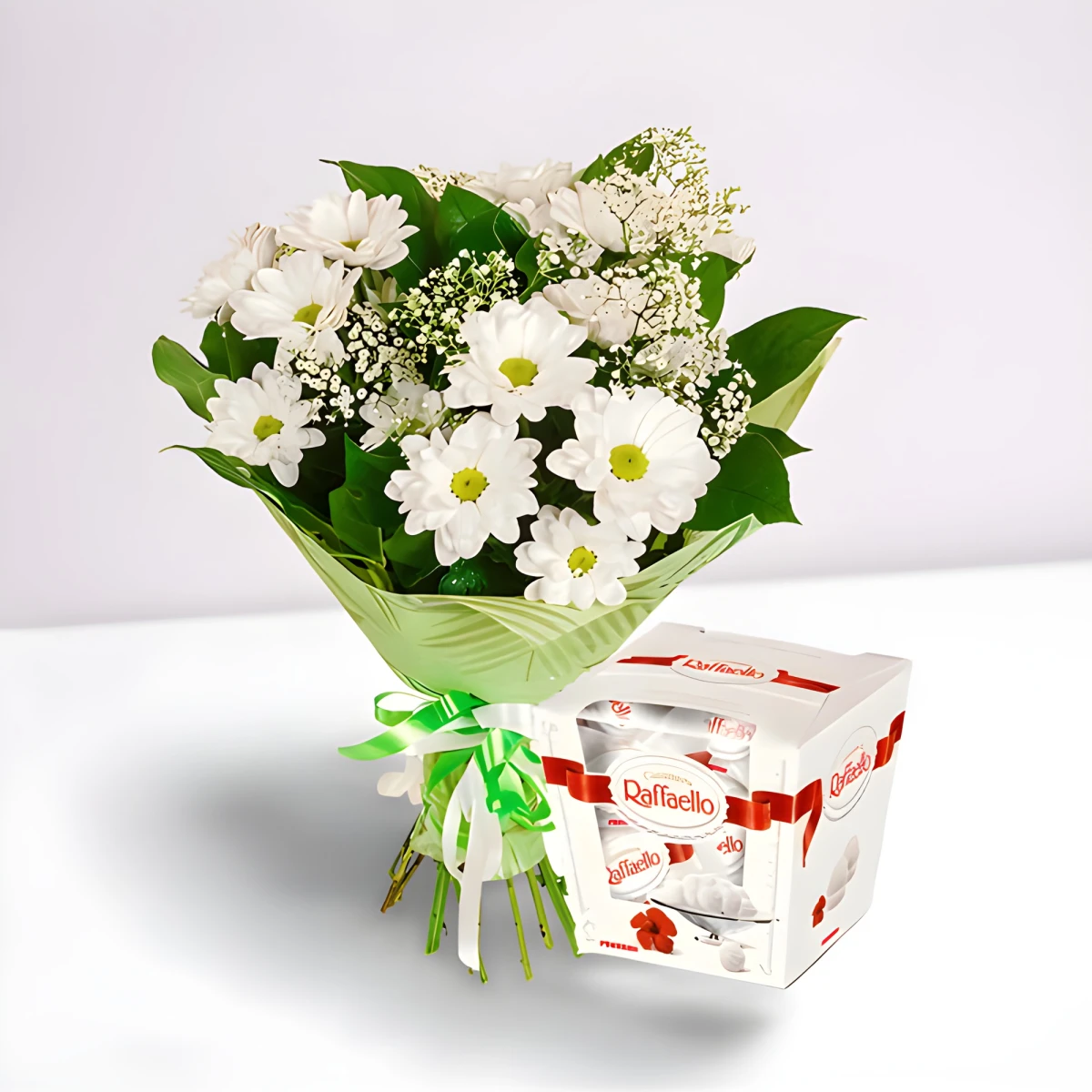 Bouquet with White Chrysanthemums and Raffaello