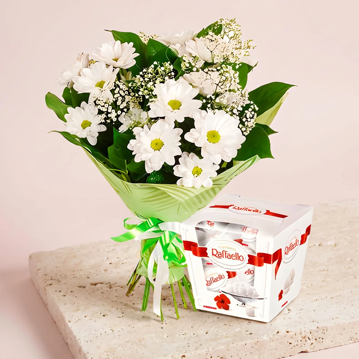 Bouquet with White Chrysanthemums and Raffaello