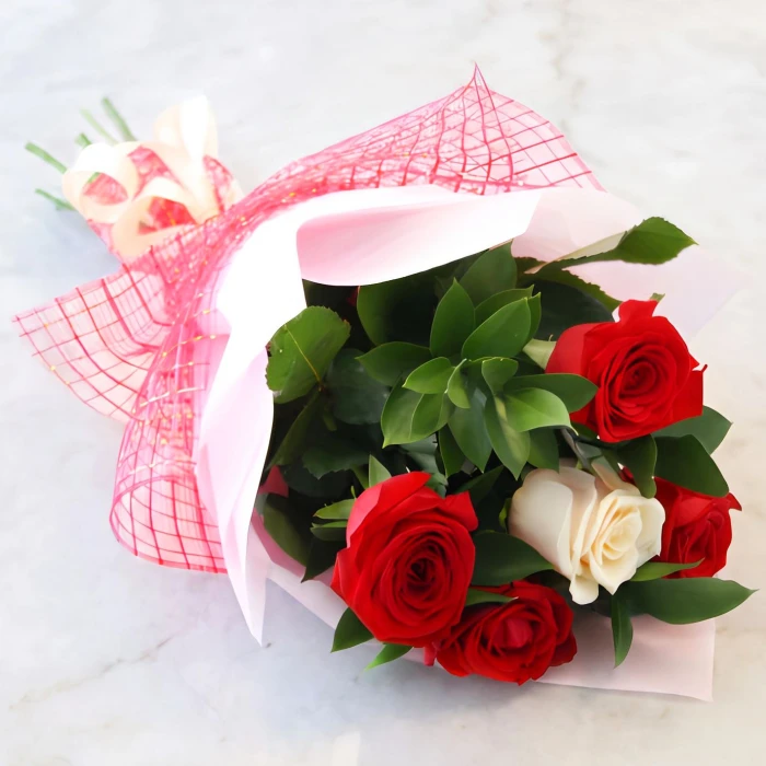 Bouquet of Red Roses and a White Rose – Romantic Evening