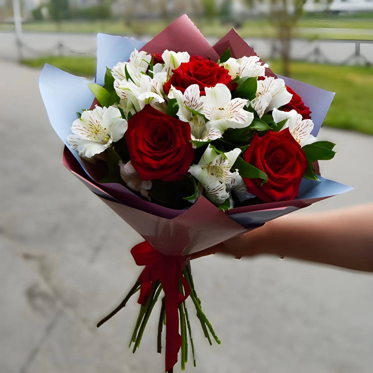 Red Roses and White Alstroemerias Bouquet