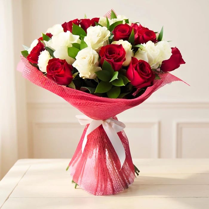Order a Romantic Red and White Rose Bouquet Online