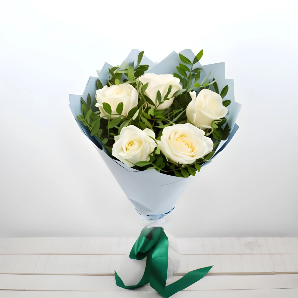 Bouquet of 5 White Roses with Elegant Greenery