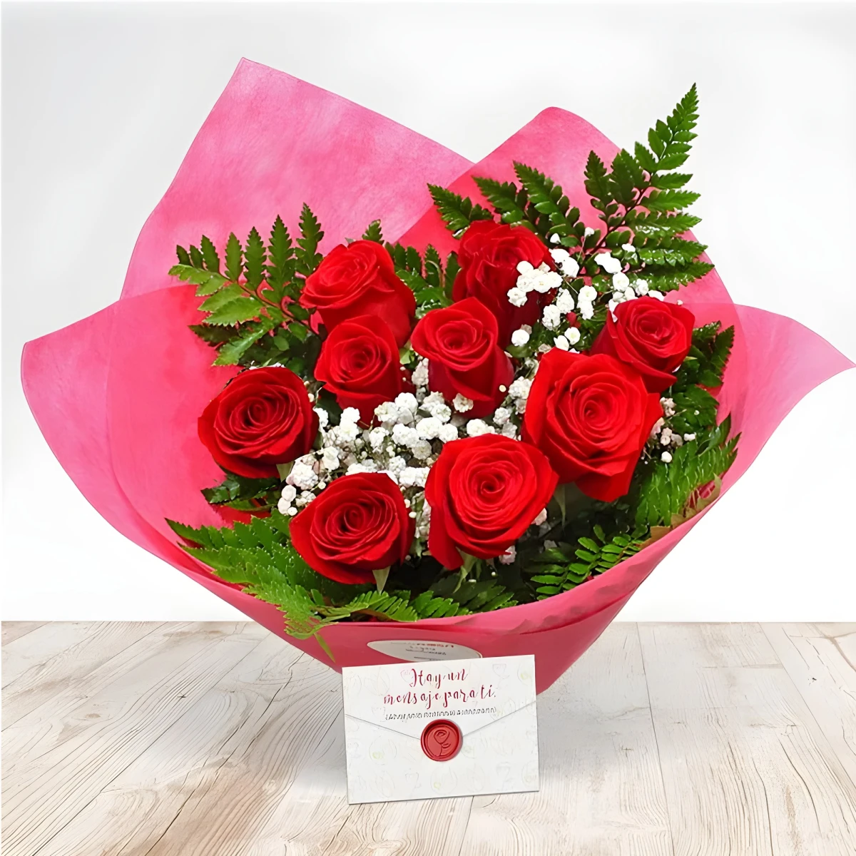 Bouquet of 9 Red Roses and Baby's Breath