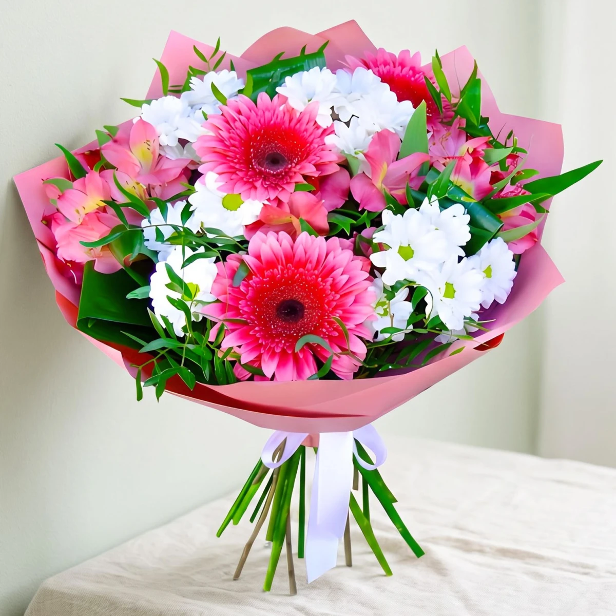 Order a bouquet of white and pink flowers