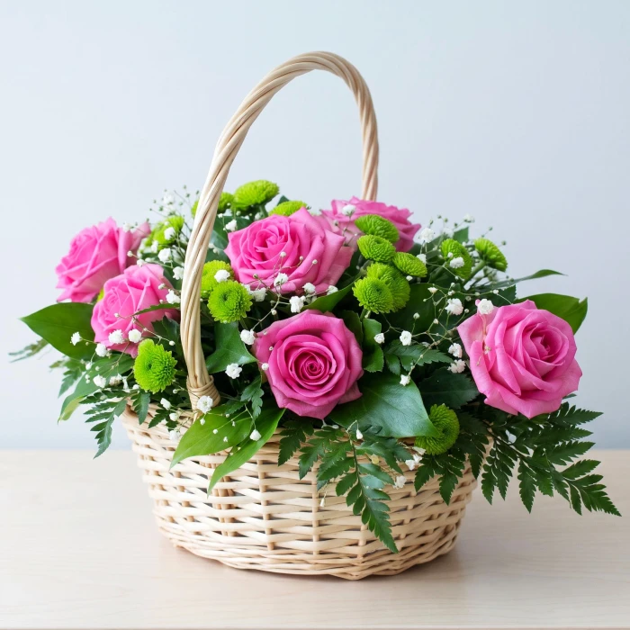 Basket of 9 Pink Roses & Green Chrysanthemums Gift
