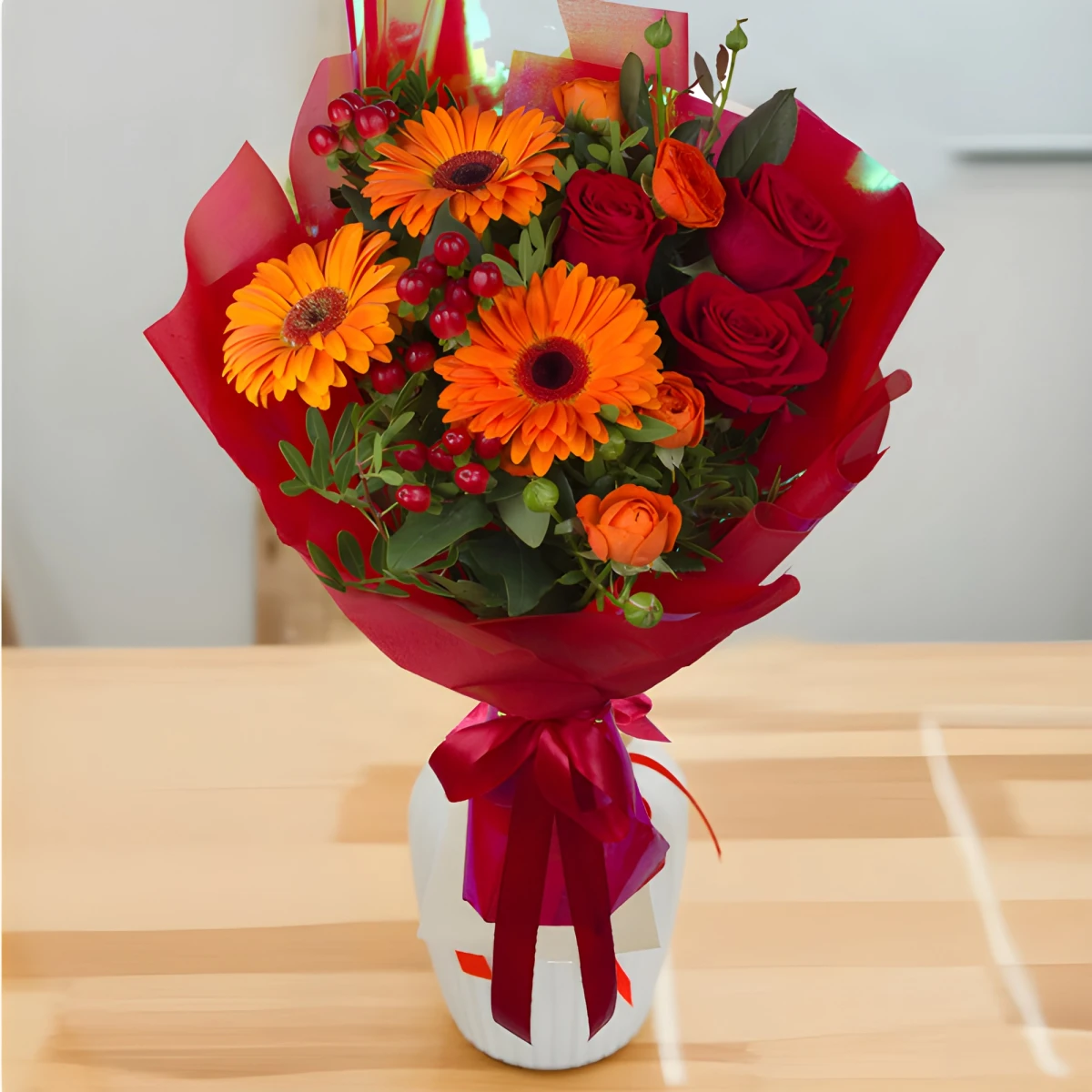 Bouquet of gerberas and roses in bright colors