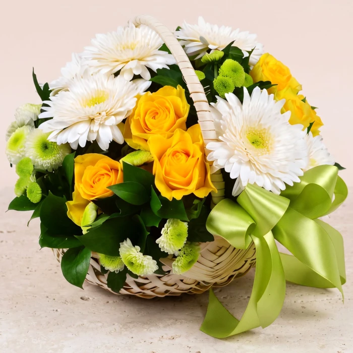 Yellow Roses and White Gerberas Basket for Celebrations