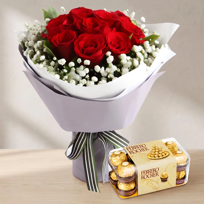 Букет от 9 червени рози и бонбони Ferrero