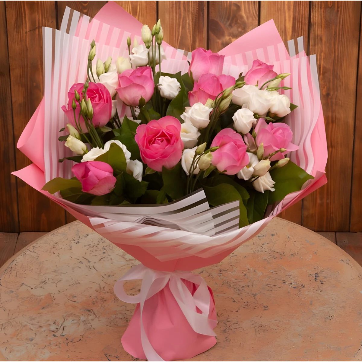 Flower delivery a bouquet of pink roses and eustomas in Bulgaria