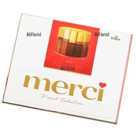Поръчка на шоколадови бонбони "Merci" и цветя в София
